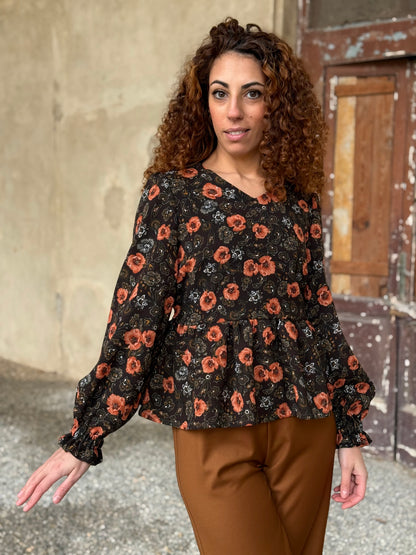NUVOLA BLUSA LANA MARRONE FIORI