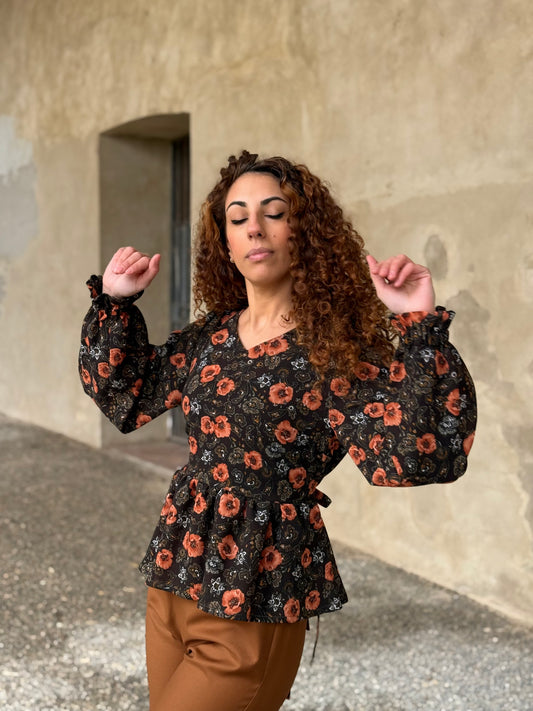 NUVOLA BLUSA LANA MARRONE FIORI